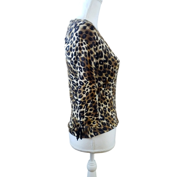 Silk Blend Womens Medium Knit Top Leopard Animal Print 3/4 Sleeve Lace Up Detail - Picture 4 of 7